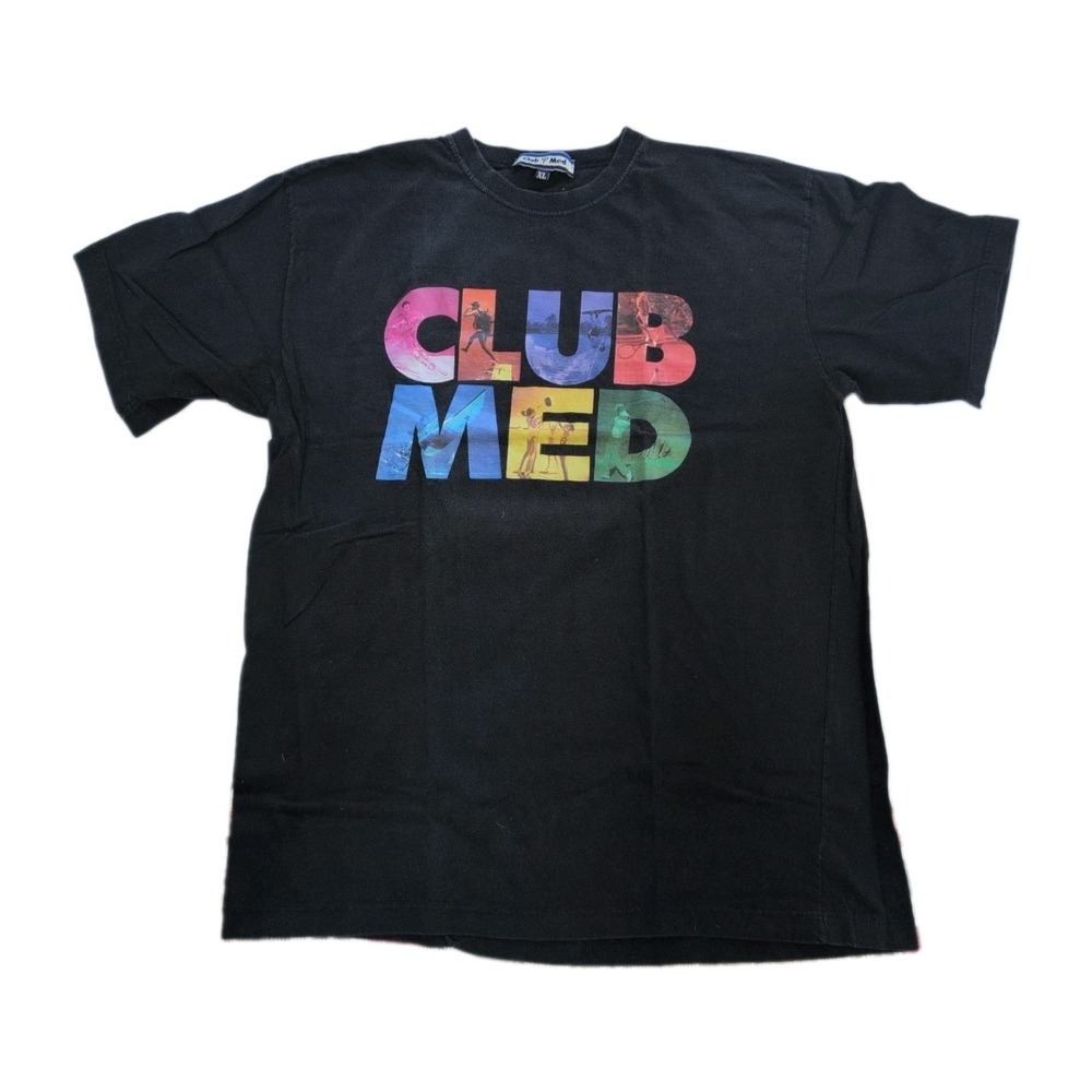 Vintage Late 90s Club Med T Shirt XL Black Rainbow Spellout Double Stitch Tee